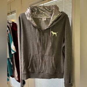 Victoria's Secret Gray Long Sleeve Hoodie; silver hood #16